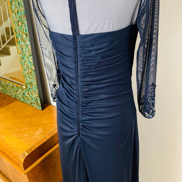 Patra Size 10 Illusion Jeweled Neck Draped Gown Dress Navy Blue Wedding Cocktail - Picture 10 of 14